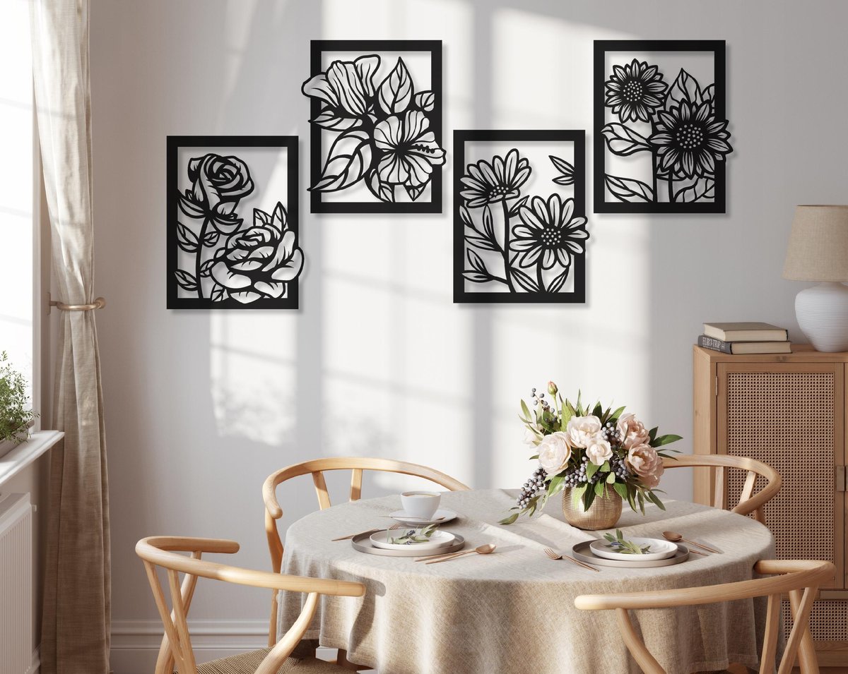 4-Piece Floral Set Black Acrylic Wall Decoration