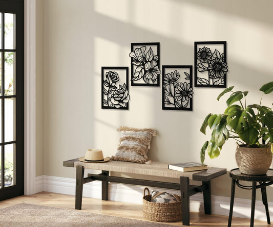 4-Piece Floral Set Black Acrylic Wall Decoration Custom 3D Factory