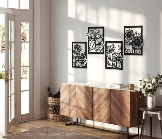 4-Piece Floral Set Black Acrylic Wall Decoration