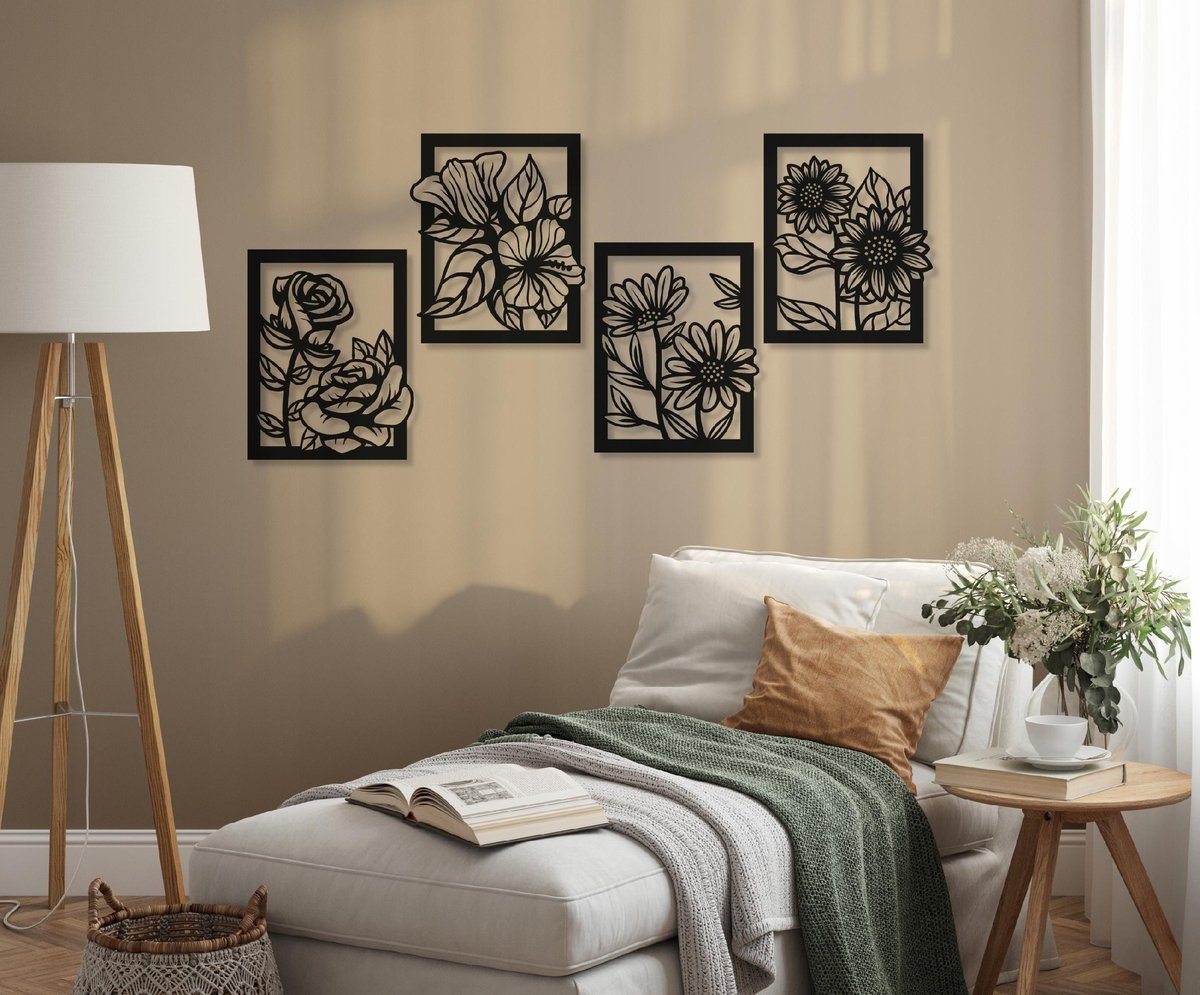 4-Piece Floral Set Black Acrylic Wall Decoration