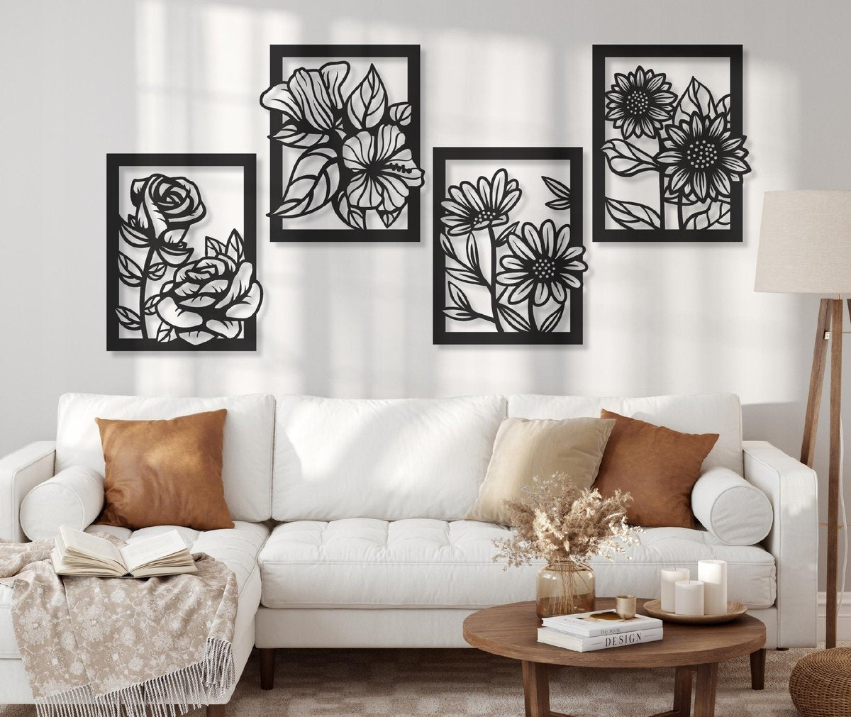 4-Piece Floral Set Black Acrylic Wall Decoration
