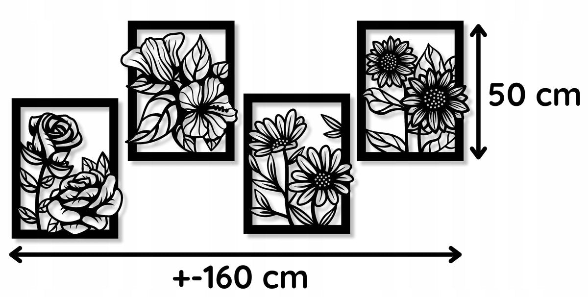 4-Piece Floral Set Black Acrylic Wall Decoration Custom 3D Factory