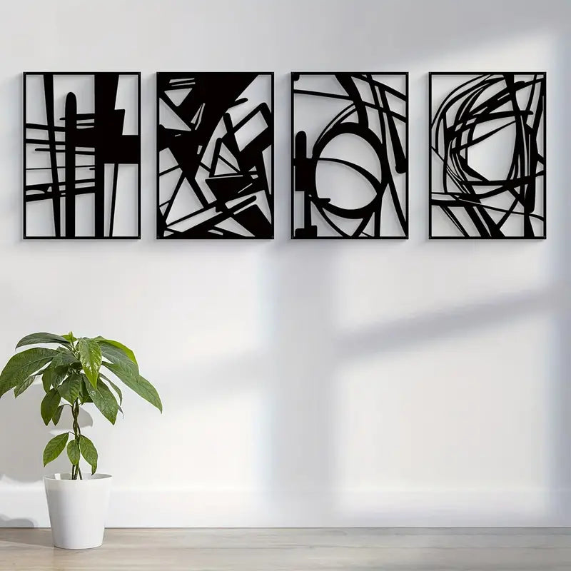 4-Piece Abstract Brush Strokes Black Acrylic Wall Decoration